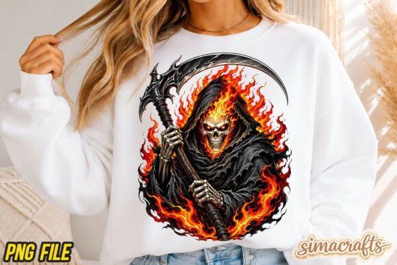 Flaming Skull Grim Reaper Scythe PNG: Bold Gothic Design