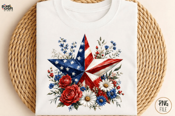 Patriotic Floral Star 4th of July PNG for Boutique Design